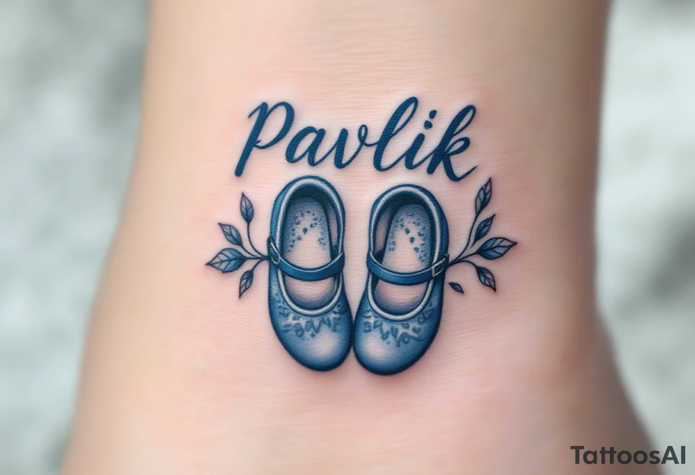 Pavlík written above a tiny pair of baby shoes in dusty blue. tattoo idea