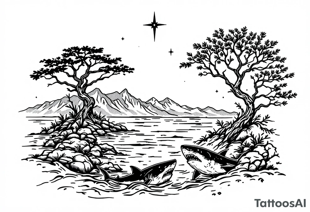 tattoo that has an acacia tree with mountains, ocean with a ship wreck with sharks and the northern star tattoo idea