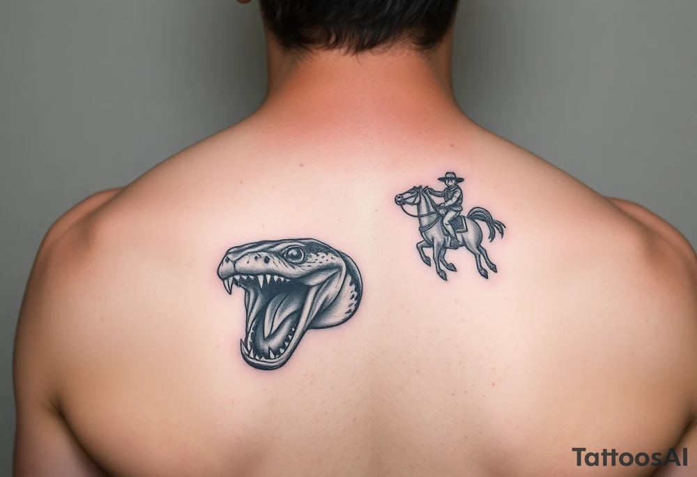 A snake with alien eyes full mouth of teeth and a guy with a saddle riding tattoo idea