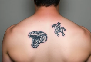 A snake with alien eyes full mouth of teeth and a guy with a saddle riding tattoo idea