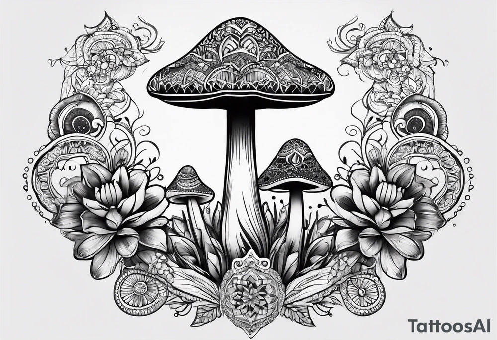Black mushroom tattoo with henna style mandala design surrounding it tattoo idea