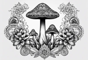 Black mushroom tattoo with henna style mandala design surrounding it tattoo idea