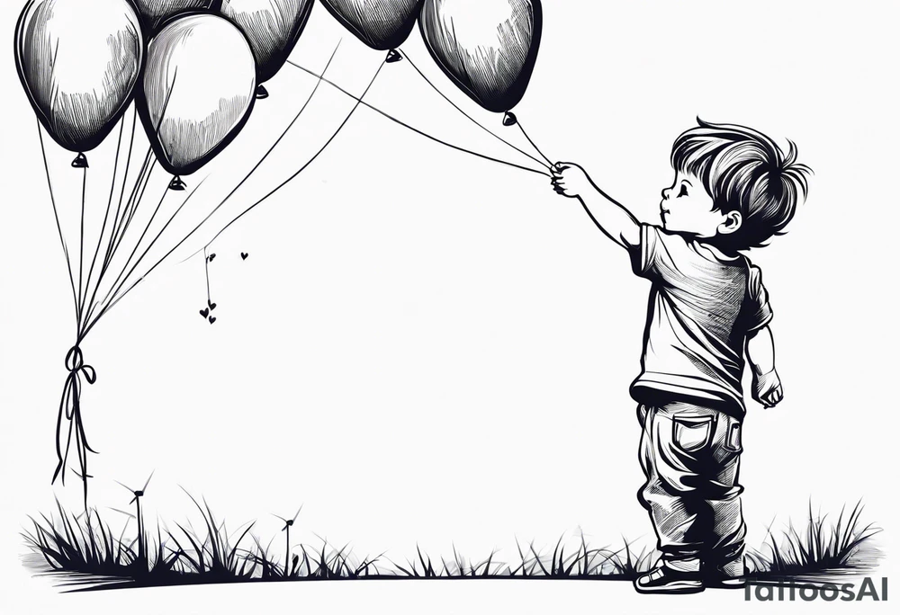 tatoo in sketch style only.
A little boy is holding a string to the hearth shaped small party baloon.
boy should be drawed from behind and has one hand reaching up in 45 degree angle and holding the baloon string
On the string is a wave which look like a hearbeat pulse.
draw it without any scenery, without any background. Just a boy tattoo idea
