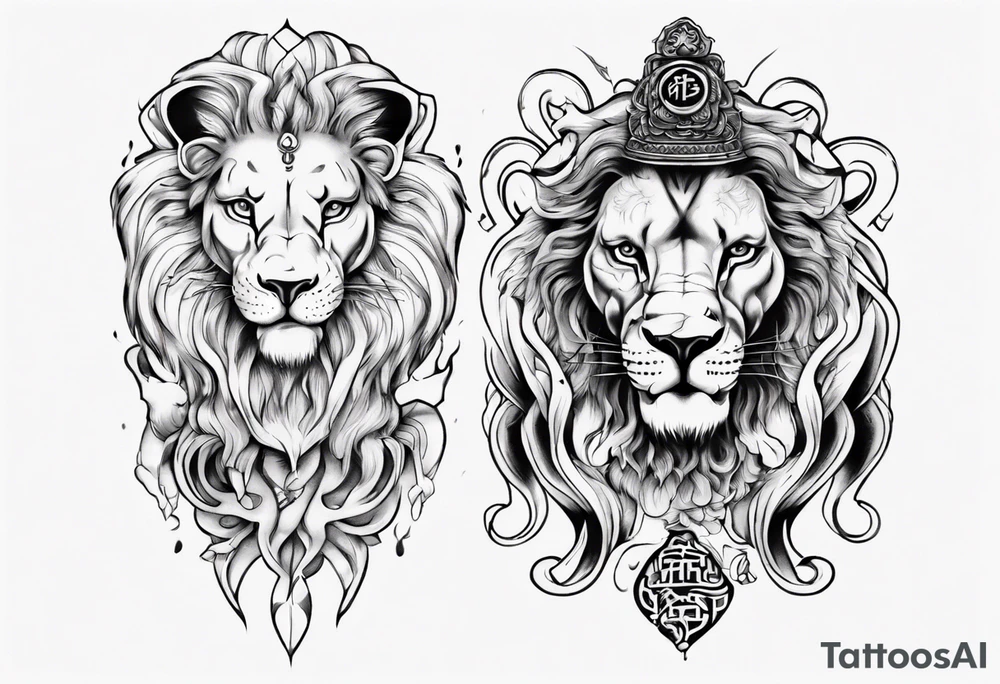 lion holding a khamssa hand with paw tattoo idea