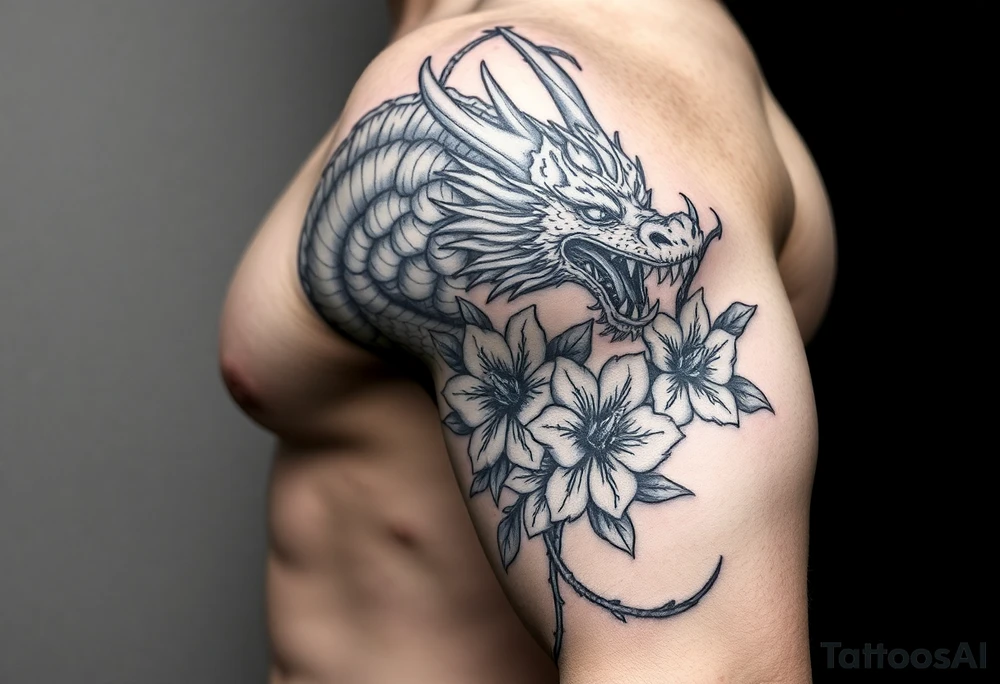 dragon with death flowers tattoo idea