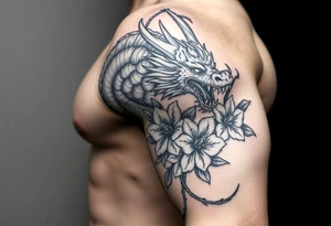 dragon with death flowers tattoo idea