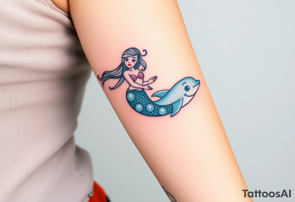A mermaid swimming along with a dolphin tattoo idea