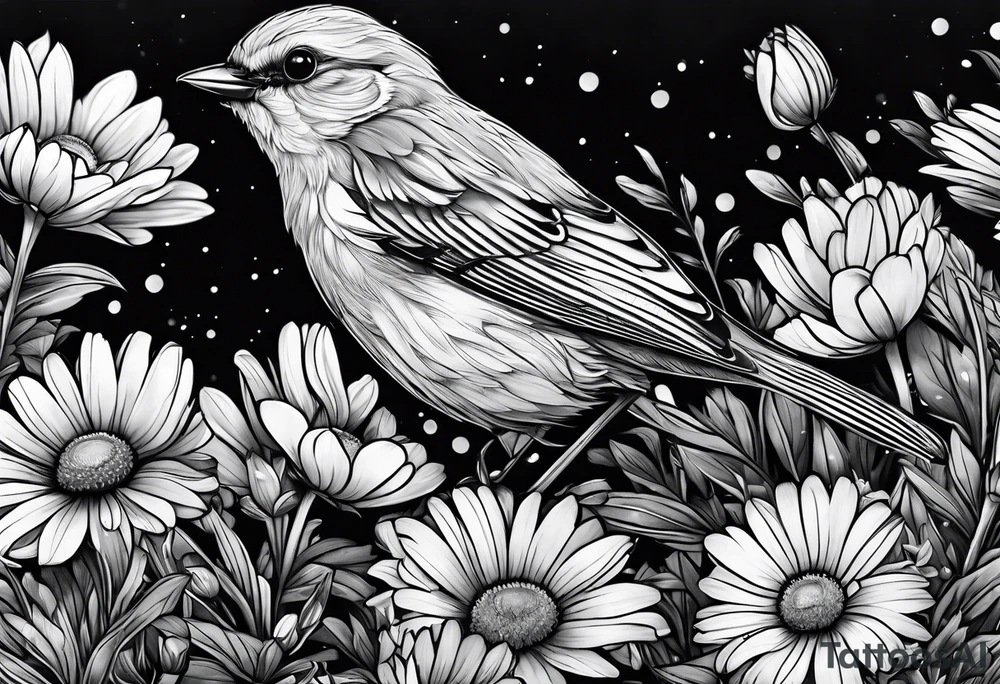 Little bird perched in daisy field tattoo idea