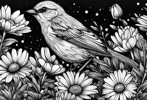 Little bird perched in daisy field tattoo idea
