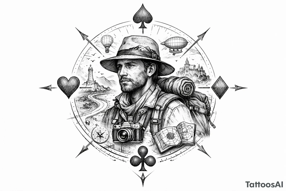 Fine line surreal portrait of a traveler with club crests as compass points tattoo idea