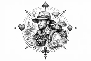 Fine line surreal portrait of a traveler with club crests as compass points tattoo idea