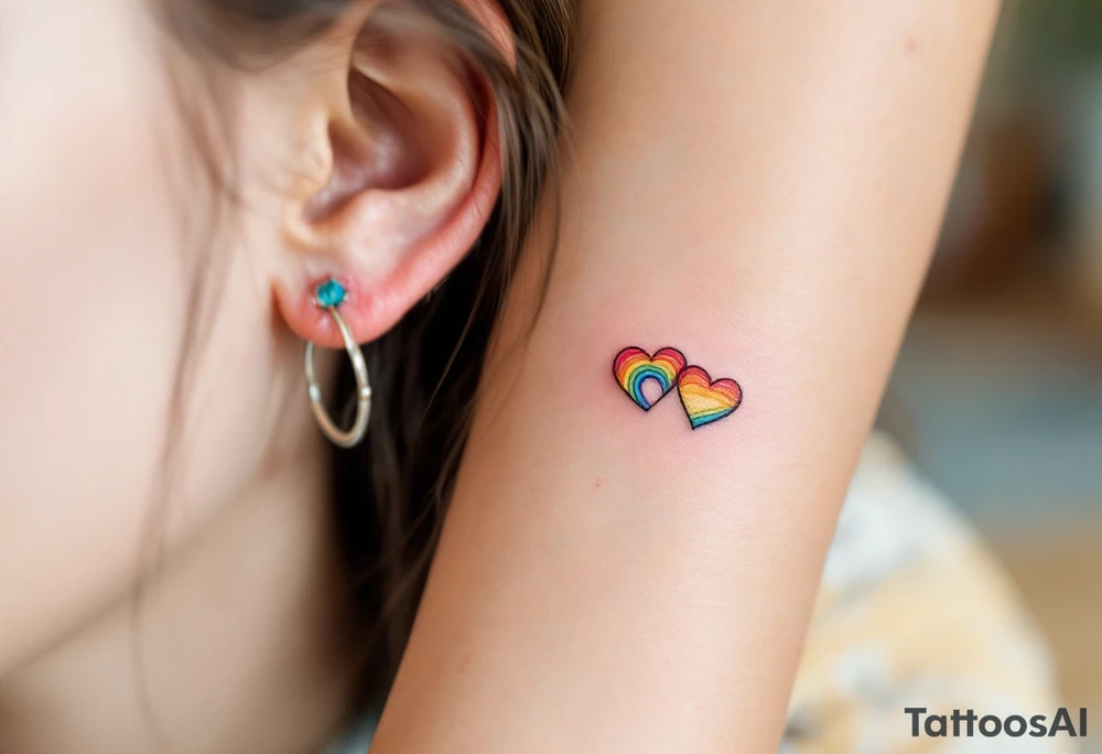 Tiny matching rainbow hearts behind ear of each partner to honor love in every shade. tattoo idea