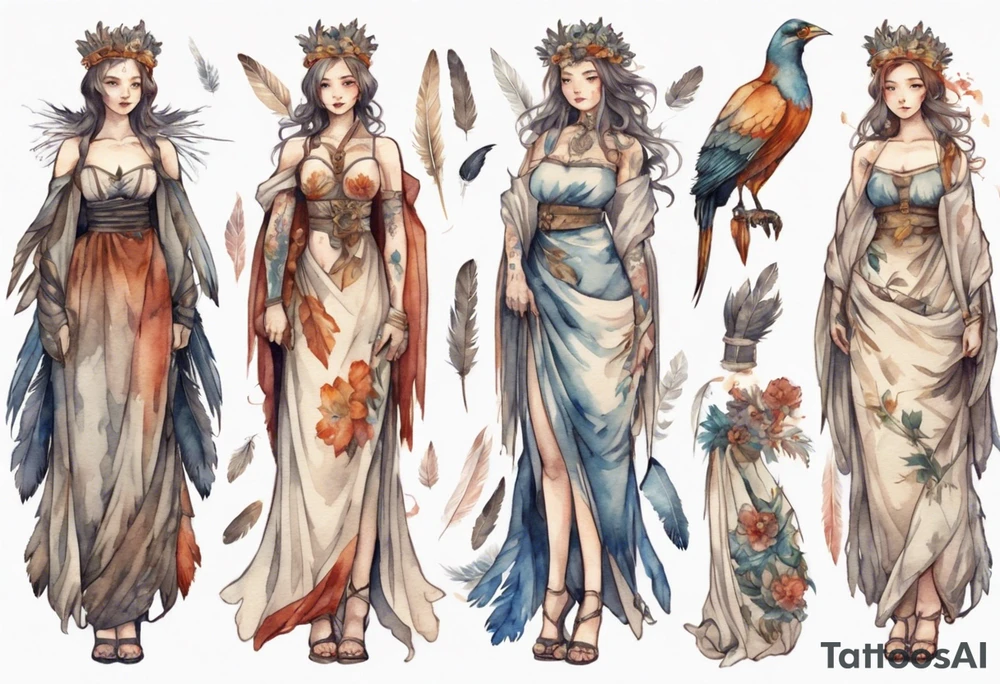 a full body medieval woman with a feather dress tattoo idea