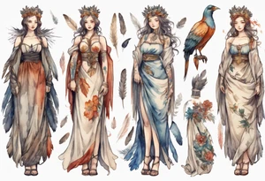 a full body medieval woman with a feather dress tattoo idea
