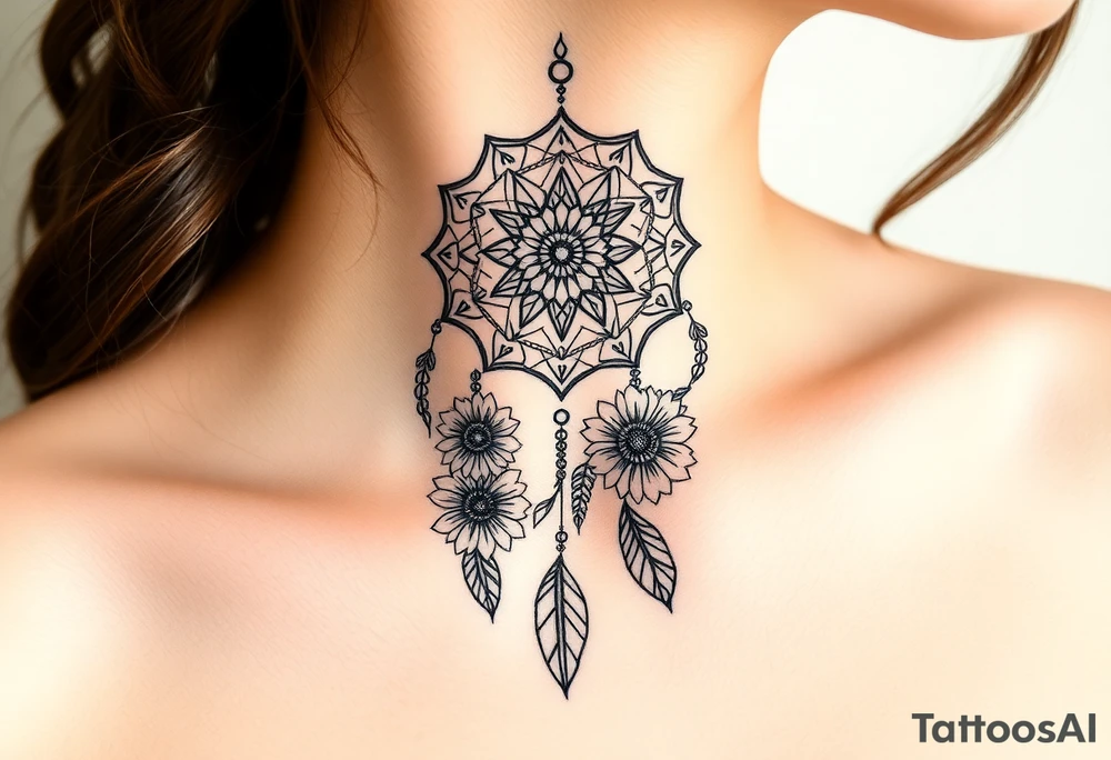 Dreamcatcher with zodiac symbols and protection runes caught in it with tigerlillies roses and sunflowers tattoo idea