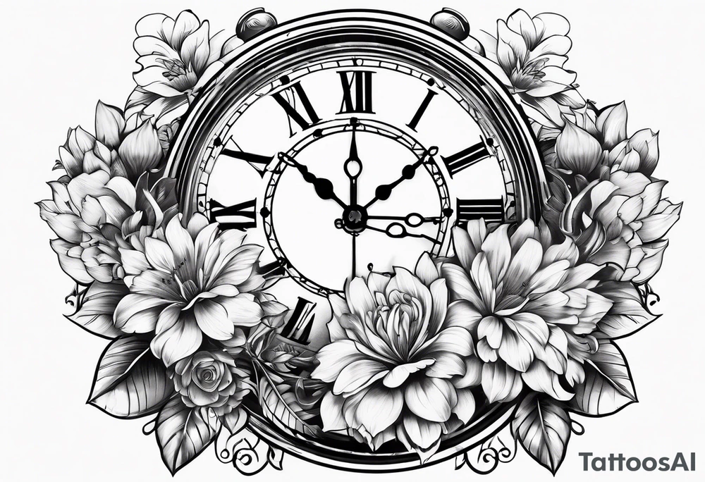 Flowers and clock tattoo idea