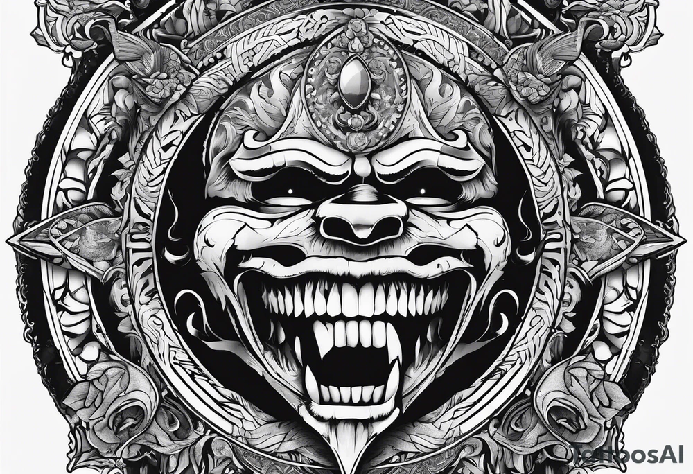 A tarot card with teeth biting inside of it tattoo idea