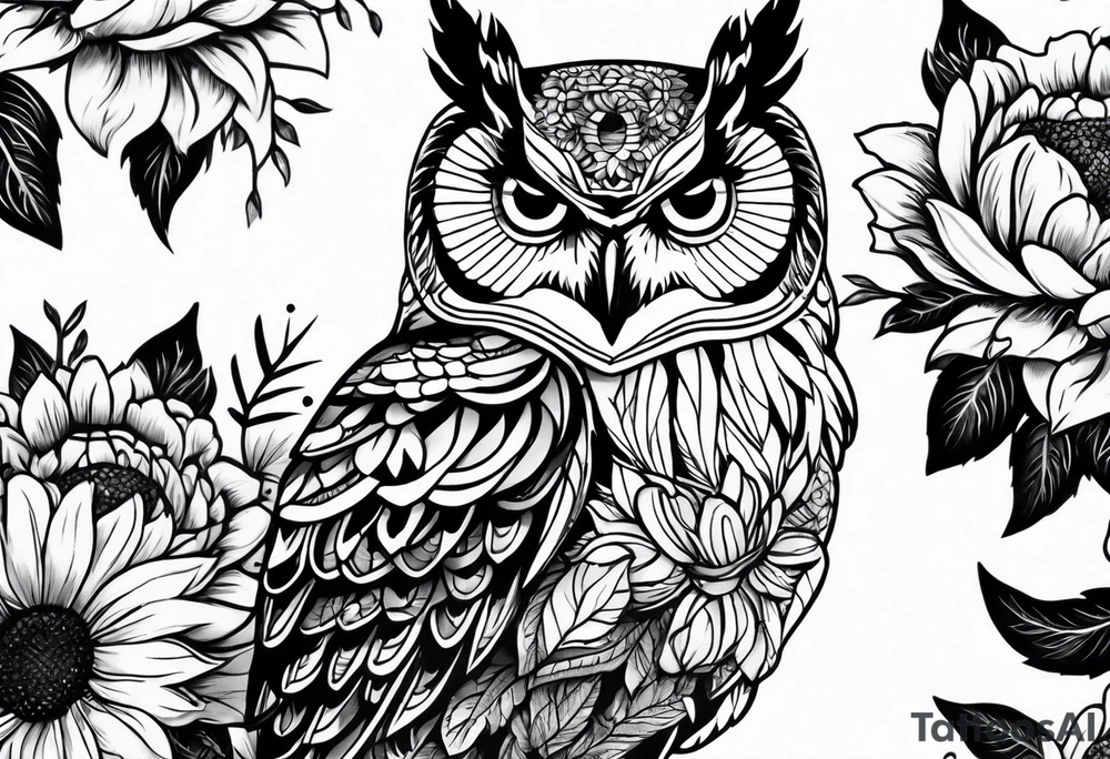Arm sleeve with owl and sunflowers tattoo idea