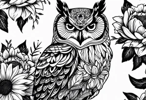 Arm sleeve with owl and sunflowers tattoo idea