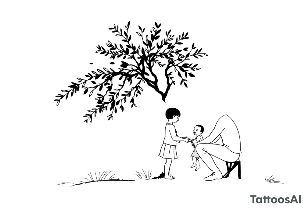 An olive tree with a child and his parents picking iy tattoo idea