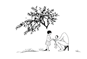 An olive tree with a child and his parents picking iy tattoo idea