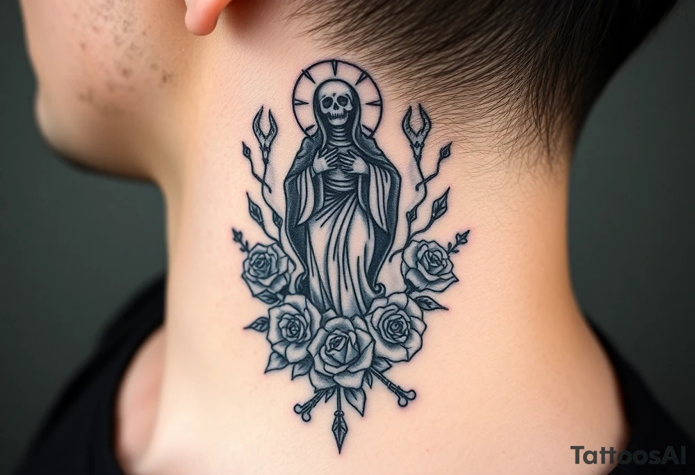 Santa muerte rising out of smoke surrounded by broken bones and roses tattoo idea