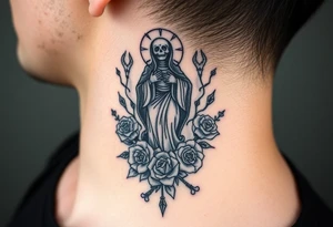 Santa muerte rising out of smoke surrounded by broken bones and roses tattoo idea