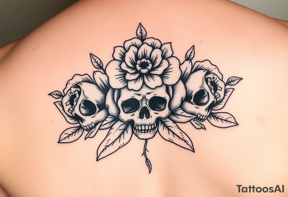 Three Flowers with skulls in the center of the flowers tattoo idea