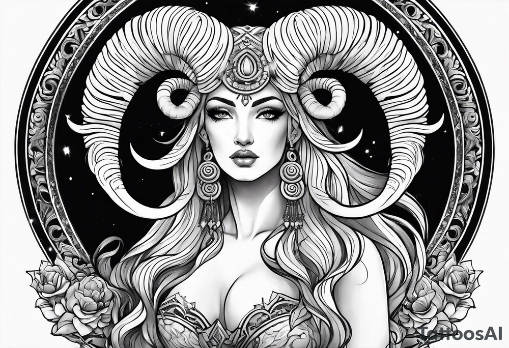 Aries goddess with ram horns tattoo idea