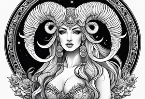 Aries goddess with ram horns tattoo idea