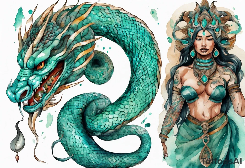 a Naga with a woman's face and the body of a serpent, turquoise scales tattoo idea