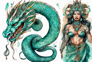 a Naga with a woman's face and the body of a serpent, turquoise scales tattoo idea