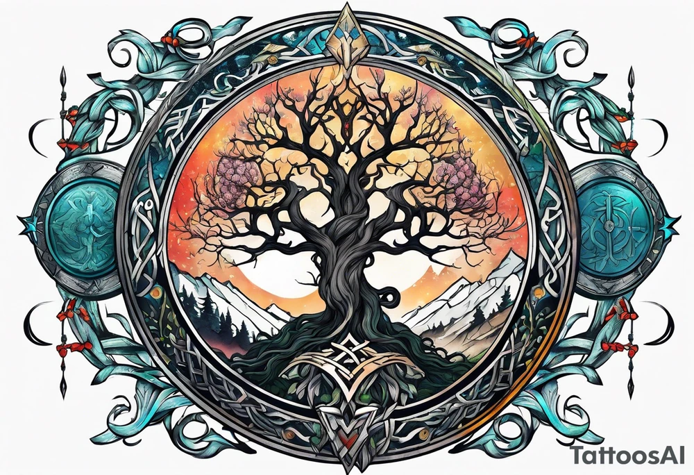 Yggdrasil and a long sword underneath surrounded by Nordic runes tattoo idea