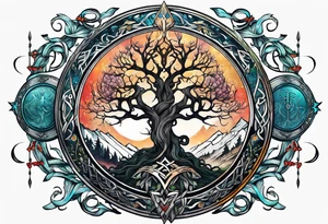 Yggdrasil and a long sword underneath surrounded by Nordic runes tattoo idea