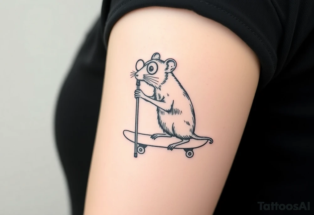 Old rat with a cane and monocle, but instead of a can it is leaning on a skateboard tattoo idea