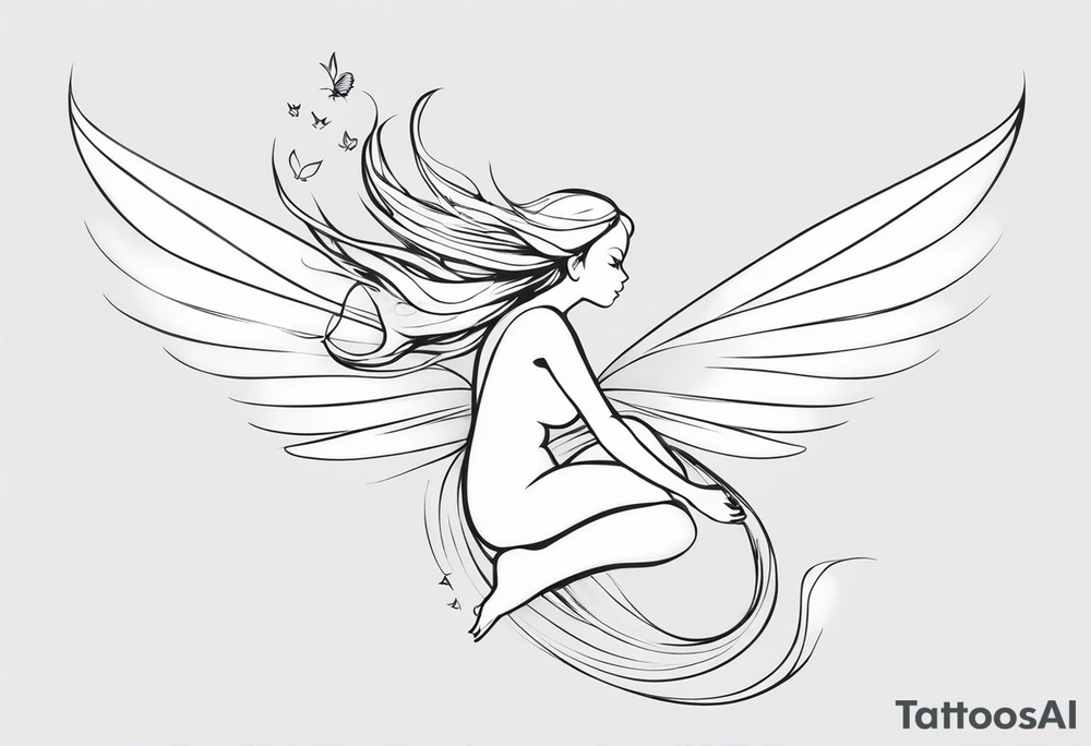 Minimalistic, monochromatic fairy with a tail flying to the left in a fetal position, leaning and looking in the same direction, with visible hands, embodying the 'Fairy Tail' logo aesthetic. tattoo idea
