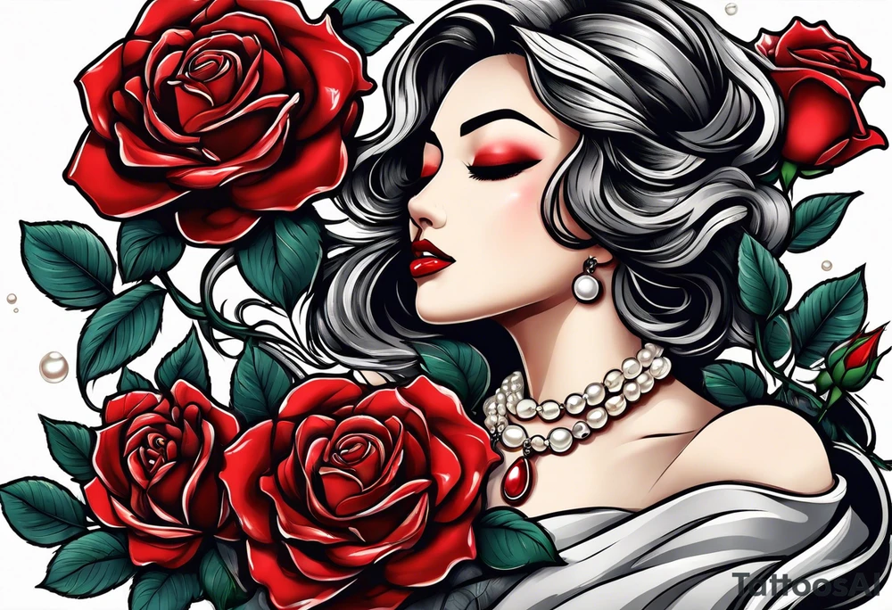 Red rose with a pearl necklace tattoo idea