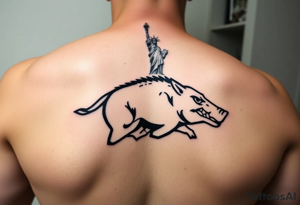 Arkansas razorback logo running through the streets of New York City with the Statue of Liberty in the background tattoo idea