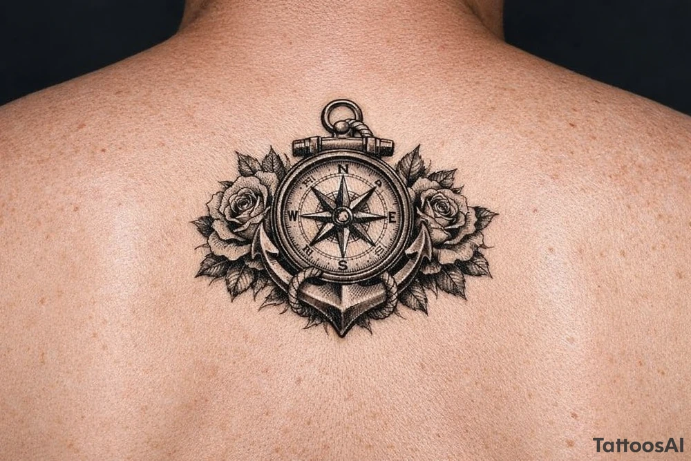 a compass,anchor,roses. tattoo idea
