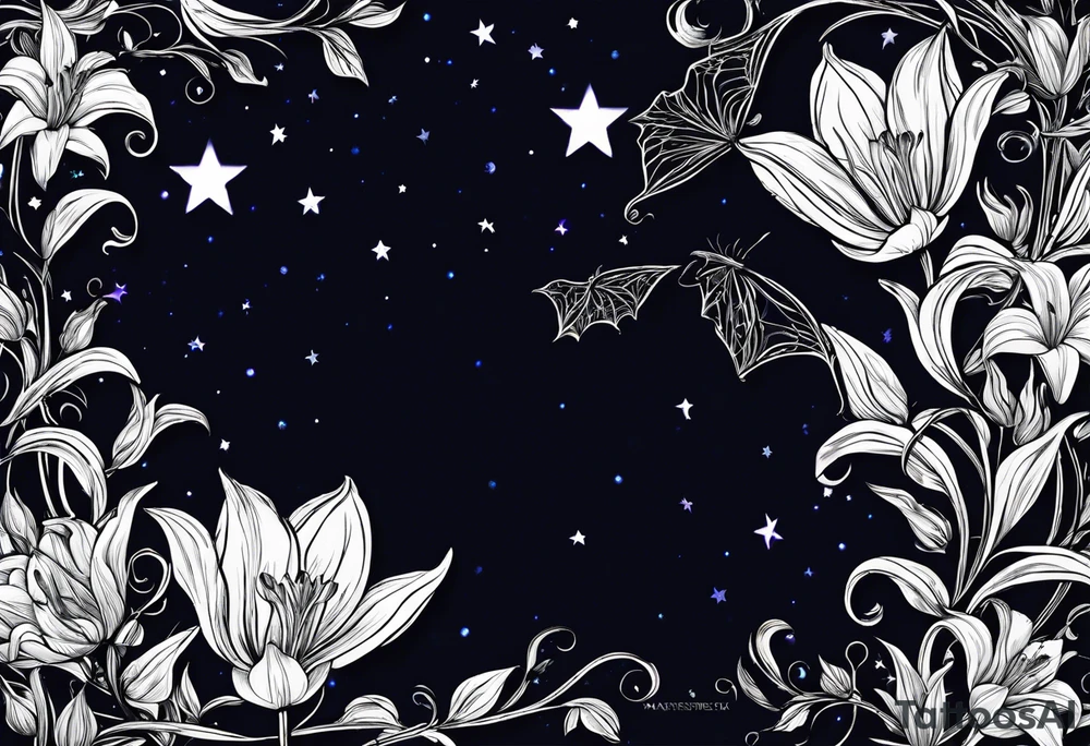 Lillys vines hanging wrapping around with a beautiful night sky I want tulips and vines wrapping around my shoulder with a bat and a night sky stars tattoo idea
