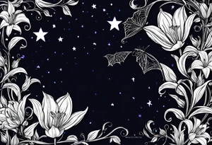 Lillys vines hanging wrapping around with a beautiful night sky I want tulips and vines wrapping around my shoulder with a bat and a night sky stars tattoo idea