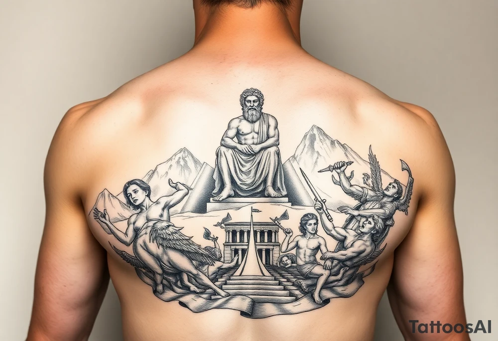 Realism Full chest peice including the Greek gods with zues on his throne looking down from the mountain casting judgement on the people add lighting and Mount Olympus and a temple and a battle scene make zues muscular add hades Medusa and minatour tattoo idea