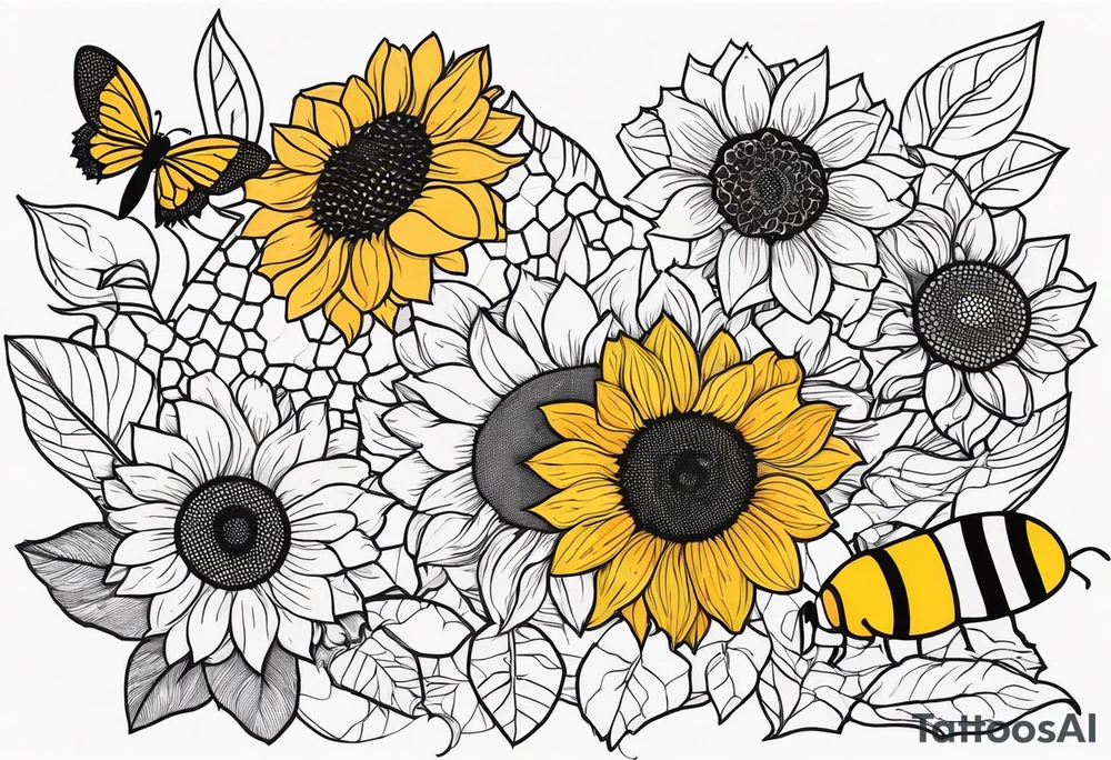 Sunflowers, bumblebees, honeycombs, sexy, elegant, vibrant tattoo idea