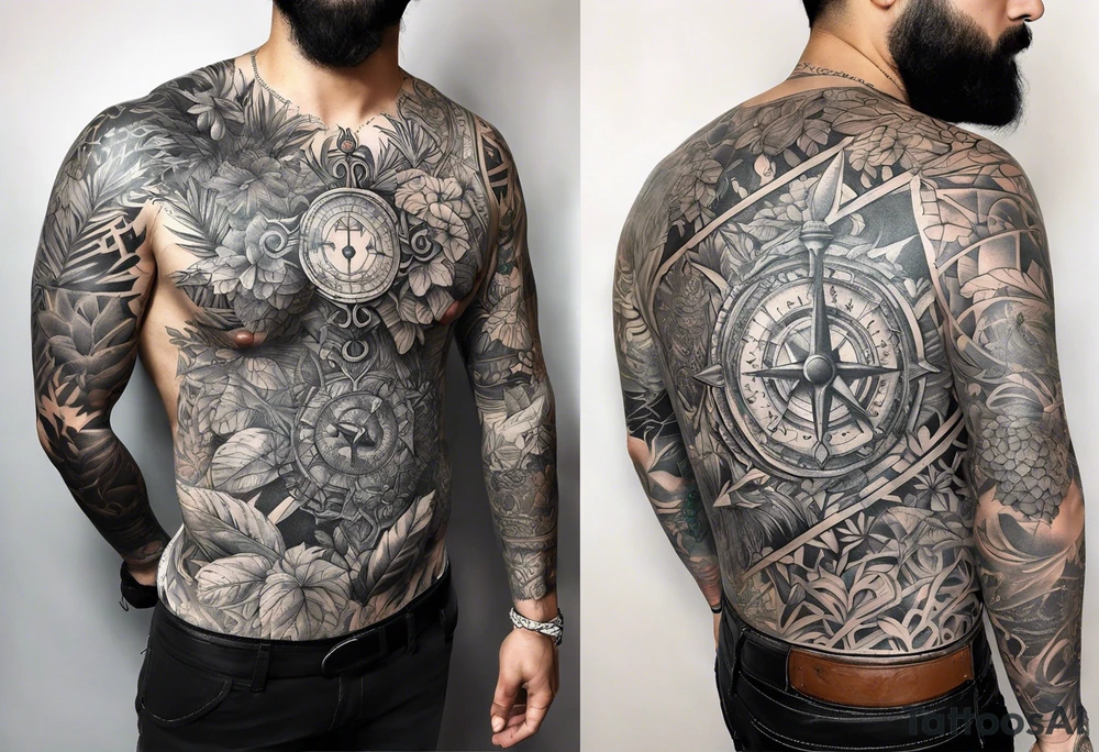 full sleeve tattoo with jungle plants and viking compass tattoo idea