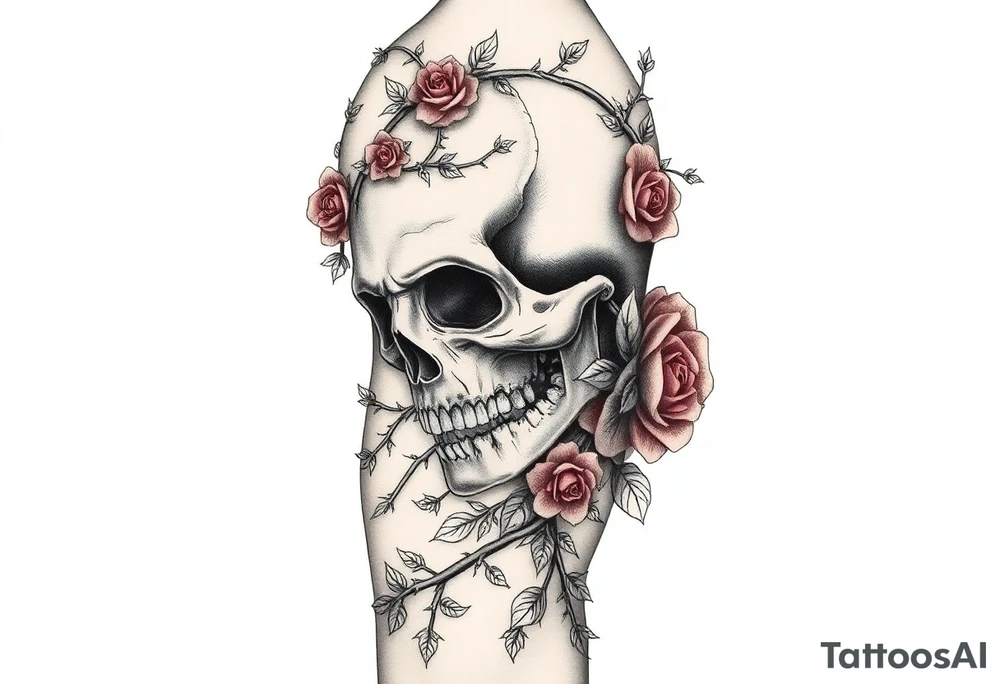 gothic skull intertwined with climbing roses and thorny vines tattoo idea
