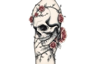gothic skull intertwined with climbing roses and thorny vines tattoo idea