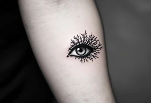 Minimalistic black line tattoo of an eye with its lines extending into tree branches, thin and abstract design. tattoo idea