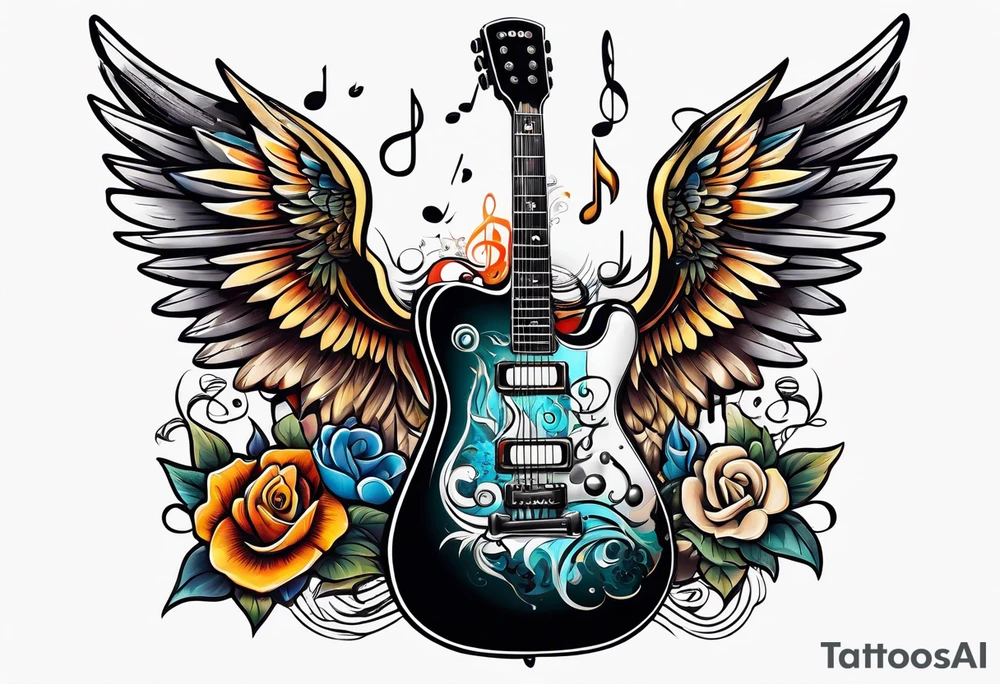 Microphone and musical notes and guitar and wings and female tattoo idea