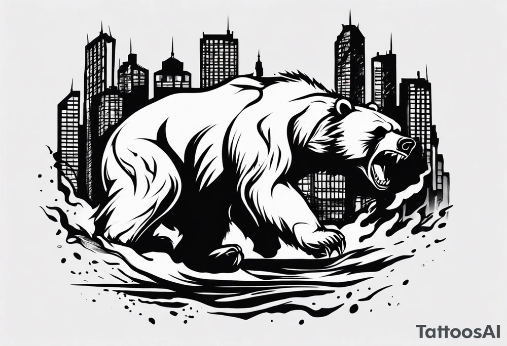 Angry bear coming up behind a city tattoo idea