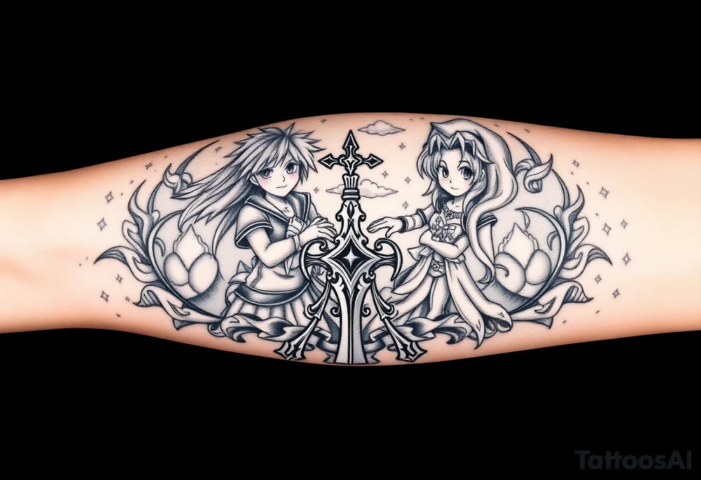 Kingdom Hearts tattoo design featuring sora, kairi, riku, donald and goofy from the game, together in a dynamic, united pose. The centerpiece should include the Heartless Keyblade, with a beautiful and ethereal Kingdom Hearts-inspired background—think glowing stars, floating islands, and stained-glass elements in backroung. The design should capture themes of friendship, light vs. darkness, and adventure. Style should be detailed, fantasy-oriented, and suitable for a large piece tattoo idea